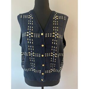 Lizsport Vintage Navy Knit Plaid Back Sweater Vest Gold Crest Buttons Large